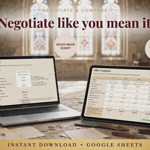 May include: A laptop and a tablet displaying a digital negotiation and offer comparison spreadsheet. The screen text includes Negotiate, Offer Compare, Counter-Offer Calc, Ready-Made Script, and Compare 4 Offers. The VSP logo is in the corner.