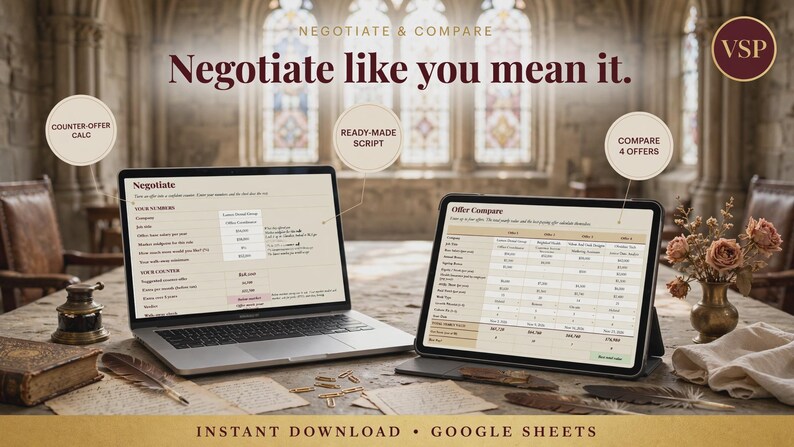 May include: A laptop and a tablet displaying a digital negotiation and offer comparison spreadsheet. The screen text includes Negotiate, Offer Compare, Counter-Offer Calc, Ready-Made Script, and Compare 4 Offers. The VSP logo is in the corner.