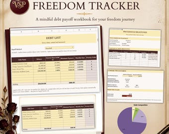 May include: A digital debt freedom tracker workbook featuring a debt list, progress milestones, scenario comparison, and a pie chart. The document includes text titled Gothic Debt Freedom Tracker and a mindful debt payoff workbook for your journey.