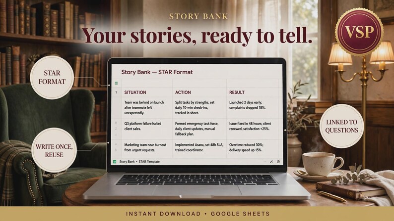 May include: A digital template displayed on a laptop screen titled Story Bank - STAR Format, featuring a table with columns for Situation, Action, and Result. The screen includes text labels like STAR FORMAT, WRITE ONCE, REUSE, and LINKED TO QUESTIONS.