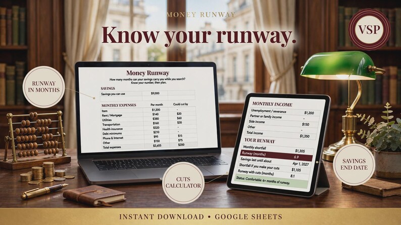 May include: A digital Money Runway financial planning tool displayed on a laptop and tablet screen. The interface shows tables for savings, monthly expenses, and monthly income, with text reading Money Runway, Know your runway, and Instant Download.
