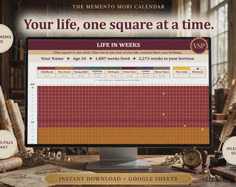 May include: A digital Life in Weeks calendar displayed on a computer monitor, featuring a grid where each square represents one week. The interface includes text fields for name, age 36, 1,887 weeks lived, and 2,273 weeks to your horizon, with color-coded life stages.