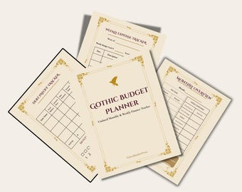 May include: A set of printable budget planner pages featuring a cream background with dark brown text and ornate gold corner borders. The pages include a cover titled GOTHIC BUDGET PLANNER with a bird icon, a debt payoff tracker, and a monthly overview.