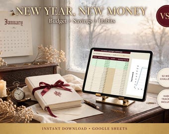 May include: A digital tablet on a gold stand displays a 52-week savings challenge spreadsheet. Beside it sits a cream-colored journal tied with a maroon ribbon, a lit candle, a pocket watch, and a January calendar on a dark wooden desk.