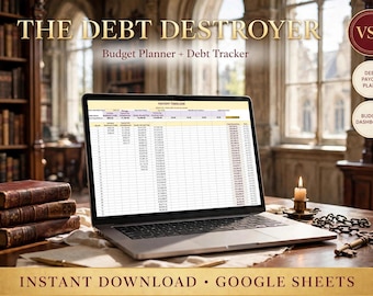 May include: A laptop displaying a digital budget planner and debt tracker spreadsheet titled The Debt Destroyer. The screen shows a payoff timeline with columns for debt names, balances, and interest rates. Text includes VSP, Debt Payoff Plans, Budget Dashboard, and Instant Download Google Sheets.