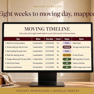 Puede incluir: Un monitor de computadora muestra una hoja de cálculo digital de cronograma de mudanza titulada Moving Timeline, Eight weeks to moving day, mapped. La tabla enumera tareas, fechas e indicadores de estado con la marca VSP.