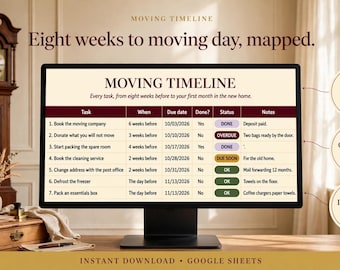 May include: A computer monitor displays a digital moving timeline spreadsheet titled Moving Timeline, Eight weeks to moving day, mapped. The table lists tasks, dates, and status indicators including Done, Overdue, and Due Soon, with VSP branding.