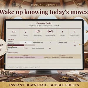 May include: A digital job search tracker displayed on a computer monitor, featuring a Command Center dashboard with metrics for total jobs, response rates, and interview rates. The screen includes sections for weekly goals, today's actions, and follow-ups.