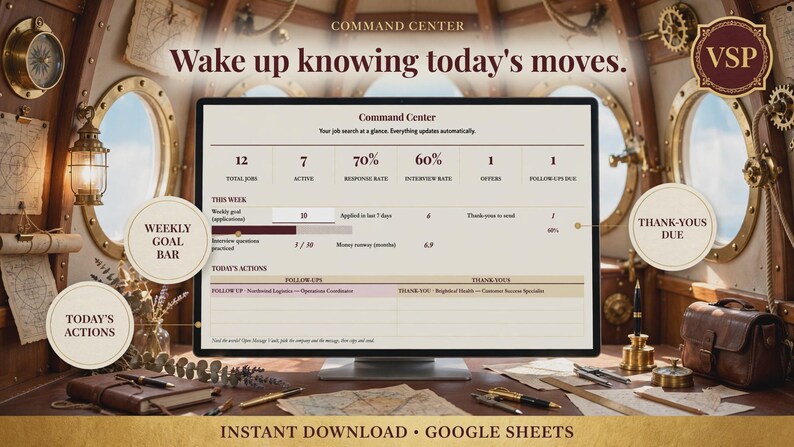 May include: A digital job search tracker displayed on a computer monitor, featuring a Command Center dashboard with metrics for total jobs, response rates, and interview rates. The screen includes sections for weekly goals, today's actions, and follow-ups.