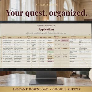 May include: A computer monitor displaying a digital job application tracker spreadsheet titled Applications. The interface includes columns for company, job title, work type, salary range, status, and follow-up dates, with text labels for status dropdowns, follow-up dates, and 200 jobs tracked.