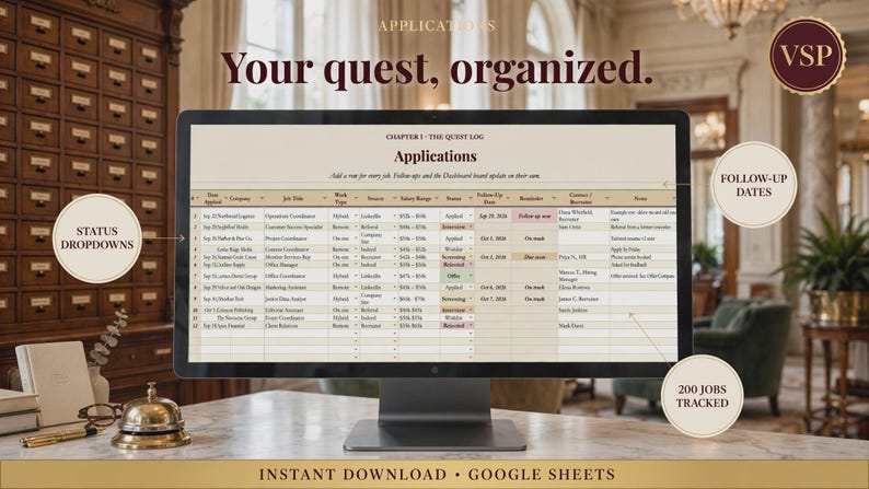 May include: A computer monitor displaying a digital job application tracker spreadsheet titled Applications. The interface includes columns for company, job title, work type, salary range, status, and follow-up dates, with text labels for status dropdowns, follow-up dates, and 200 jobs tracked.