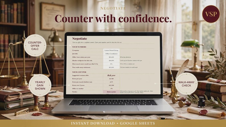 May include: A laptop screen displaying a digital negotiation calculator spreadsheet titled Negotiate. The interface includes sections for Your Numbers and Your Counter, with fields for salary data, job title, and financial gain calculations.