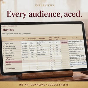 May include: A digital tablet displays an interview log spreadsheet template titled Interviews, featuring columns for company, date, interview type, interviewer, prep done, thank you sent, and outcome notes, with text labels for interview log and thank you prompts.