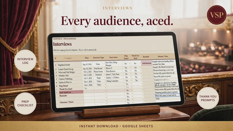 May include: A digital tablet displays an interview log spreadsheet template titled Interviews, featuring columns for company, date, interview type, interviewer, prep done, thank you sent, and outcome notes, with text labels for interview log and thank you prompts.