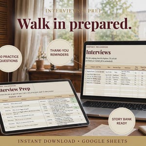 May include: A digital interview preparation tool displayed on a tablet and laptop screen. The interface features tables for practice questions, thank-you reminders, and a story bank. Text includes "Interview Prep," "Walk in prepared," and "VSP."