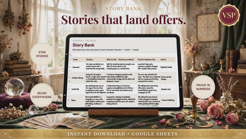 May include: A digital tablet displays a Story Bank Google Sheets template with columns for theme, situation, actions, results, and usage. The screen features text including Stories that land offers, Star Stories, Reuse Everywhere, and Proof in Numbers.