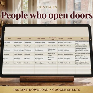 May include: A digital tablet displaying a Google Sheets contact tracker template titled People who open doors. The screen shows columns for name, company, title, email, last contact, next step, and notes. Text includes VSP, CONTACT TRACKER, NEXT STEPS BUILT IN, NEVER LOSE A LEAD, and INSTANT DOWNLOAD.