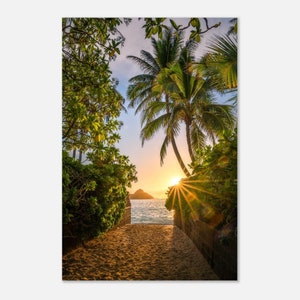 Impresión fotográfica del amanecer en la playa de Lanikai / Arte mural grande de la isla Mokulua sobre lienzo o aluminio Palmeras tropicales Arte hawaiano