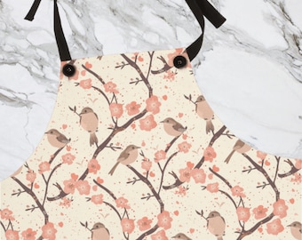 Birds and Cherry Blossoms Pattern Apron | Cute Bird and Flower Design | Kitchen Accessories | Cooking Accessories
