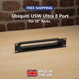 May include: A black Ubiquiti USW Ultra 8 Port for 25.4 cm racks. The product is made in the UK. The image also includes the text "FREE SHIPPING".