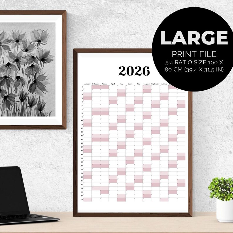 2026 Year at A Glance Pink, Modern Wall Poster Calendar (digital ...