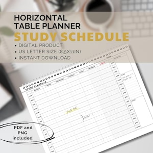 May include: A white spiral-bound horizontal table planner with the text "Study Schedule." The planner includes daily schedules, a "To-Do" section, and a "Notes" section. The planner is US Letter size (8.5x11in) and is a digital product.