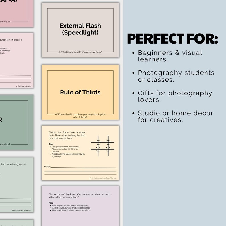 Perfect Flashcard Photography Flashcards, Beginner Camera Study, Printable PDF - Etsy