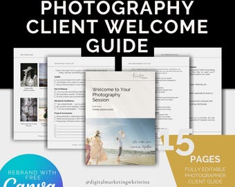 Guia de boas-vindas ao cliente de fotografia: modelo editável do Canva, ferramenta de negócios de produtos digitais para download instantâneo