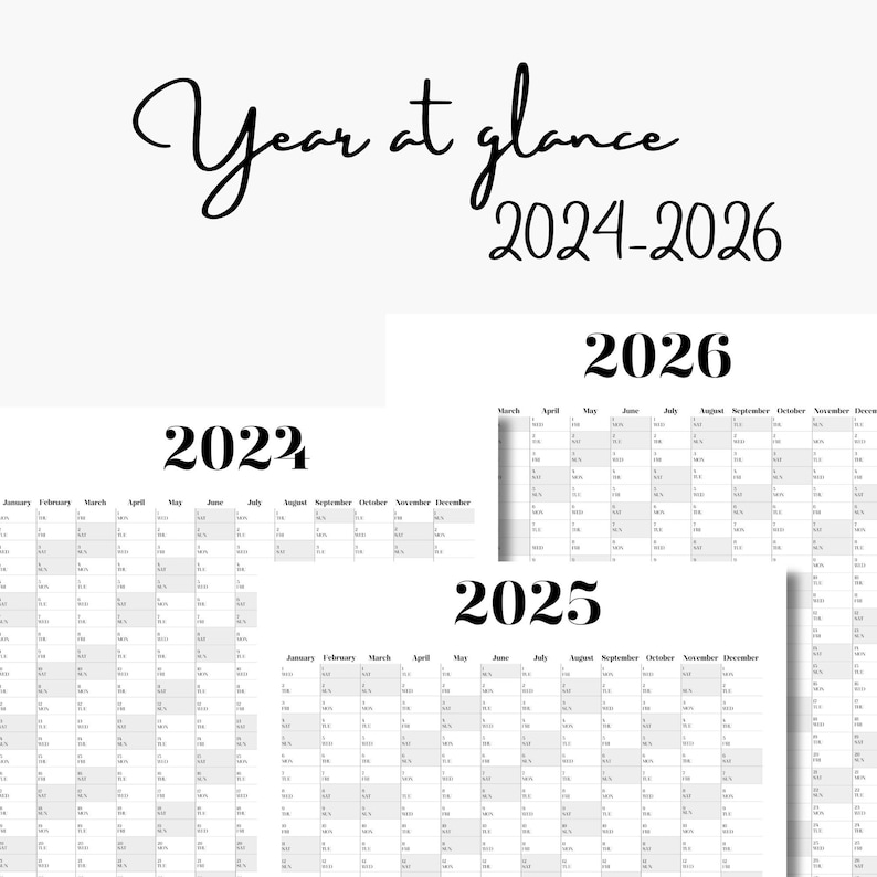 Year at Glance 2024, 2025, 2026, Vertical Printable Year Calendar