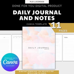 Pode incluir: Modelo Canva digital de diário e notas com 11 páginas. A capa apresenta um design em aquarela com o texto "Daily Journal & Notes". Inclui um gráfico "Rebrand with Canva Account".