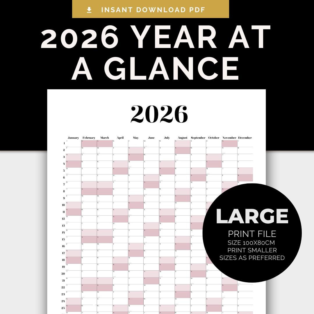 2026 Year at a Glance Wall Calendar Printable | Large Minimalist Poster ...