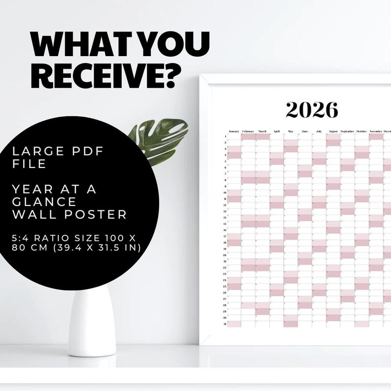 2026 Year at A Glance Pink, Modern Wall Poster Calendar (digital ...