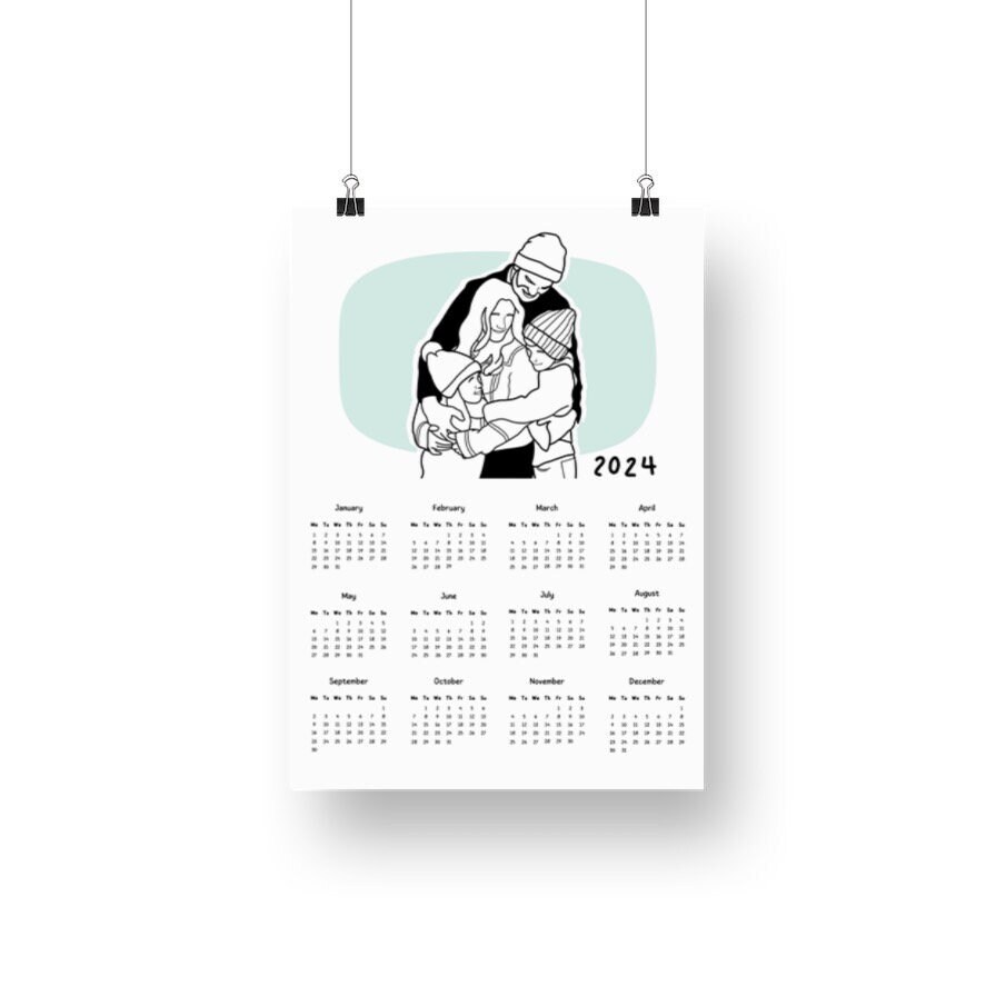 Custom Minimalist Portrait Calendar, Custom Line Drawing, Black and ...