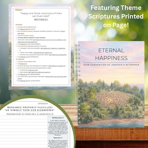 May include: A spiral-bound notebook with the title "Eternal Happiness" and the text "2026 Convention of Jehovah's Witnesses." The cover features a landscape painting. Beside it is a schedule with the text "Happy are those conscious of their spiritual need."
