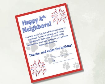 4th of July Independence Day Dog Pet Anxiety Fear of Fireworks Sign Neighbor Notice 8x10 and 5x7 PDF Printable Instant Download