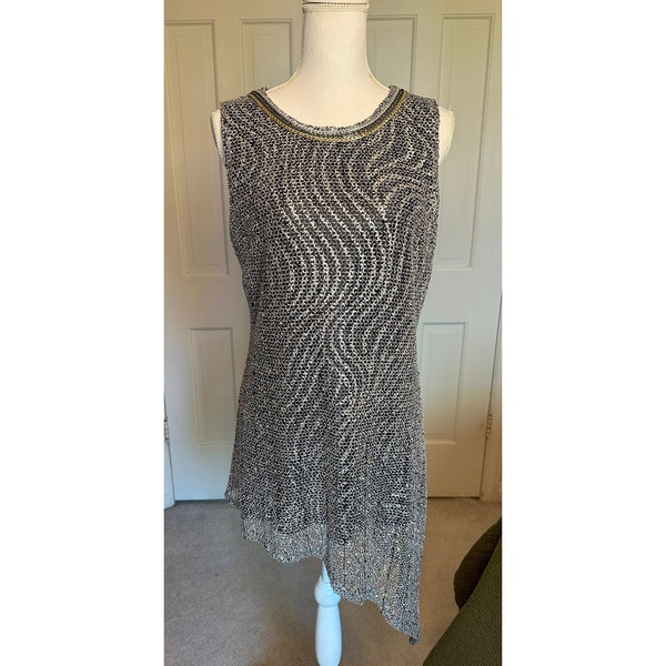 Frank Lynman Design Asymmetrical Hem Dress | Cocktail Dance | Silver Gold Mesh | Disco Studio 54 | VTG inspo | US sz 12