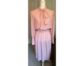 Vintage Sheer Belted Dress | Blush Pink Button up | Tie Front Midi | late 70s  early 80s Hy-Ten Flowy | Leg of Mutton Puff Sleeves | Size 10