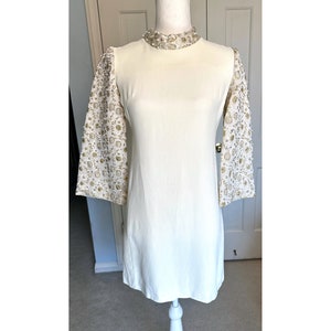 60s Dress – Jeweled Hostess | VALENTINES| VTG Pearls, rhinestones Sleeves | Sheath Cream White | mod Dinner Party| US 4/6