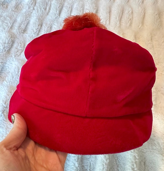 1960s Mod Red Velvet Hat with Pompom Vintage Cap - image 4