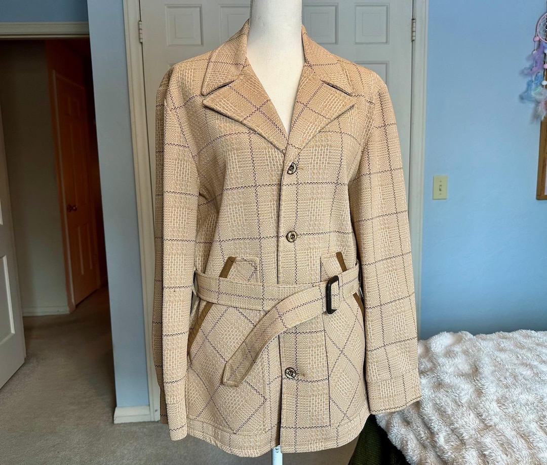 Vintage Plaid Poly Trench Coat: 1970s Western Belted Jacket, Medium - Etsy