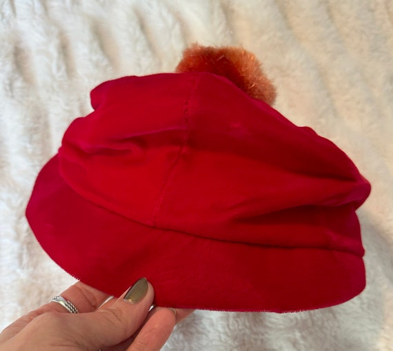 1960s Mod Red Velvet Hat with Pompom Vintage Cap - image 10