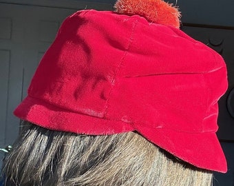 1960s Mod Red Velvet Hat with Pompom Vintage Cap
