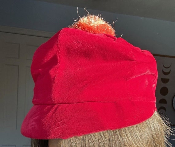 1960s Mod Red Velvet Hat with Pompom Vintage Cap - image 3