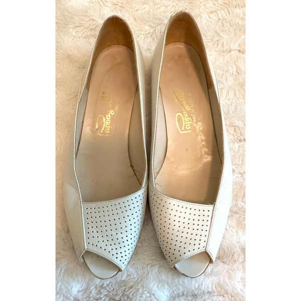 Vintage White Peep Toe Pappagallo "Made in Spain" Wedge heel Shoes, SUMMER 80s New heel sole, Pump Kitten-heel | Women Size 7.5 / 8