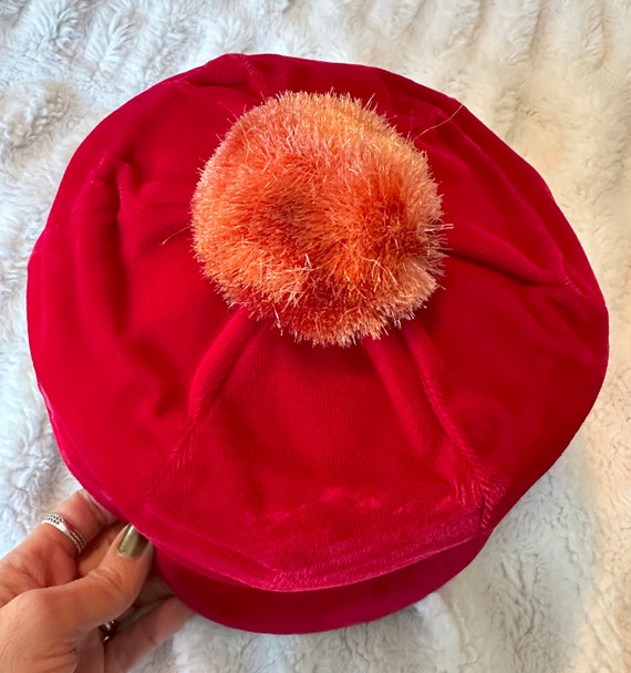 1960s Mod Red Velvet Hat with Pompom Vintage Cap - image 5