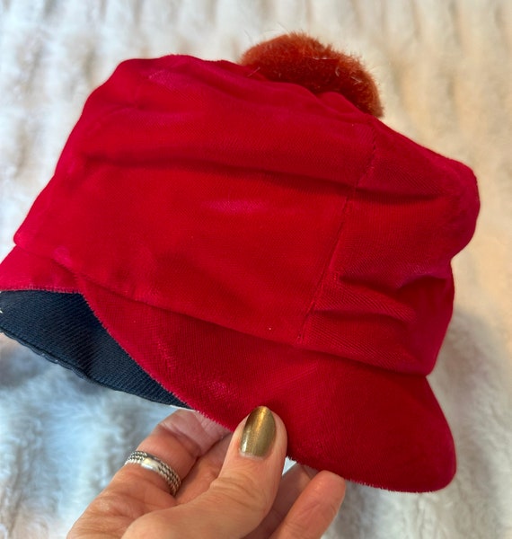 1960s Mod Red Velvet Hat with Pompom Vintage Cap - image 2