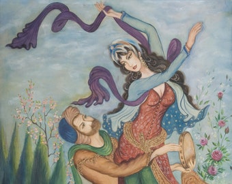 Persian Gift, Persian Love in Canvas Print, Romantic Lovers Miniature, Persian Painting, Middle Eastern Decor,  Nowruz decoration, Wall Art