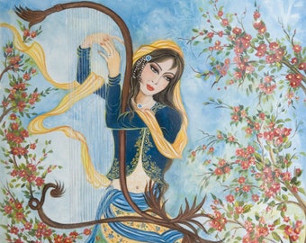 Iranian Miniature Canvas Prints, Persian Artwork, Persian Painting,  Persian Woman Playing Harp, Wall Decor, Persian Gift, Nowruz Decoration