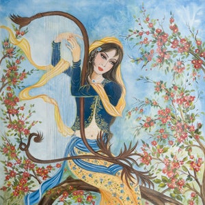 Iranian Miniature Canvas Prints, Persian Artwork, Persian Painting,  Persian Woman Playing Harp, Wall Decor, Persian Gift, Nowruz Decoration