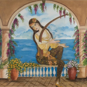 Persian Miniature Canvas Prints, Iranian Artwork, Persian Painting,  Persian Woman Playing Harp, Wall Decor, Persian Gift, Nowruz Decoration